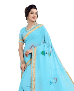 Blue Chiffon Printed, Lace Border Regular Sarees