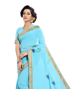 Blue Chiffon Printed, Lace Border Regular Sarees