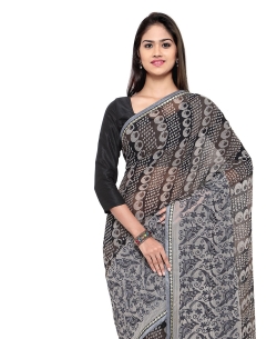 Grey Georgette Digital Printed, Embrodiered Border Regular Sarees