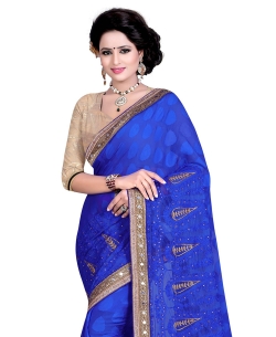 Blue Jacquard, Net Embroidered, Stone Work, Mirror Work Border Border Sarees