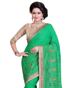 Green Jacquard, Net Embroidered, Stone Work, Mirror Work Border Border Sarees