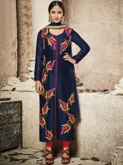 Blue Glass Cotton Heavy Embroidered Straight Suits