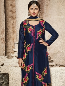 Blue Glass Cotton Heavy Embroidered Straight Suits