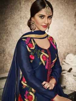 Blue Glass Cotton Heavy Embroidered Straight Suits