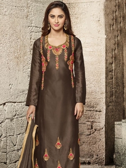 Brown Glass Cotton Heavy Embroidered Straight Suits