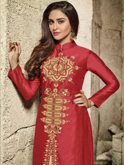 Red Glass Cotton Heavy Embroidered Straight Suits