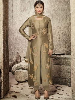 Brown Glass Cotton Heavy Embroidered Straight Suits