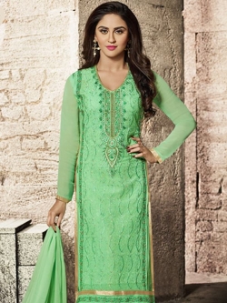 Green Glass Cotton Heavy Embroidered, Zari Border Straight Suits