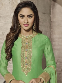 Green Glass Cotton Heavy Embroidered, Zari Border Straight Suits