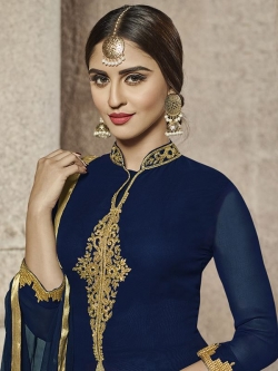 Blue Glass Cotton Heavy Embroidered Straight Suits