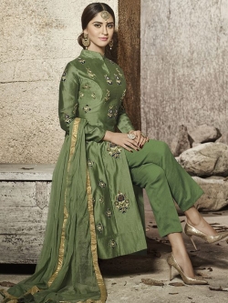 Green Glass Cotton Heavy Embroidered Straight Suits
