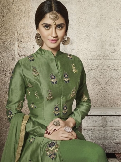 Green Glass Cotton Heavy Embroidered Straight Suits
