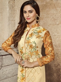 Beige Glass Cotton Digital Printed, Embroidered Straight Suits