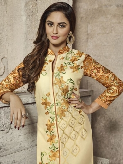 Beige Glass Cotton Digital Printed, Embroidered Straight Suits