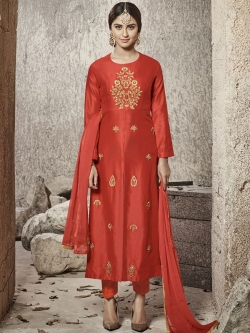 Orange Glass Cotton Heavy Embroidered Straight Suits