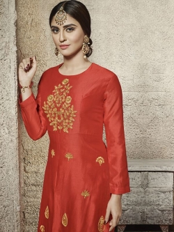 Orange Glass Cotton Heavy Embroidered Straight Suits