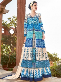 Cream And Blue Satin Printed Anarkali Suits