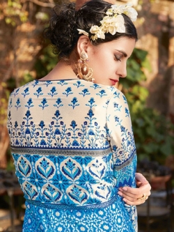 Cream And Blue Satin Printed Anarkali Suits