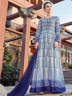 Off White And Blue Satin Printed Anarkali Suits