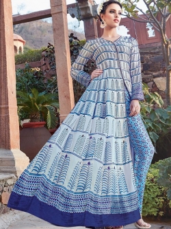 Off White And Blue Satin Printed Anarkali Suits
