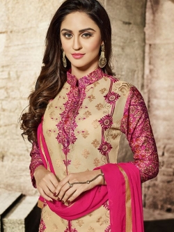 Beige Glass Cotton Digital Printed, Embroidered Straight Suits