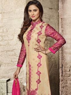 Beige Glass Cotton Digital Printed, Embroidered Straight Suits