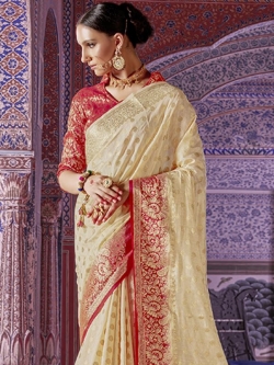 Cream Silk Jacquard Traditional Sarees