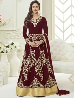 Maroon Faux Georgette Embroidered Anarkali Suits