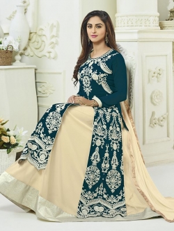 Blue Faux Georgette Embroidered Long Choli Lehengas