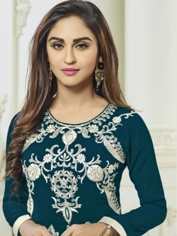 Blue Faux Georgette Embroidered Long Choli Lehengas