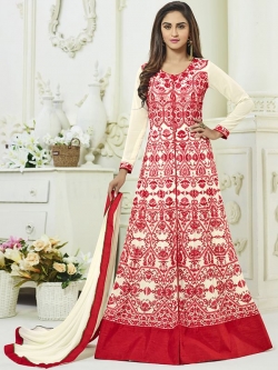 Cream Faux Georgette Embroidered Anarkali Suits