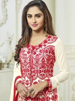 Cream Faux Georgette Embroidered Anarkali Suits