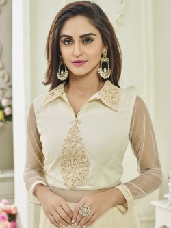 Cream Net Embroidered, Stone Work, Lace Border Long Choli Lehengas