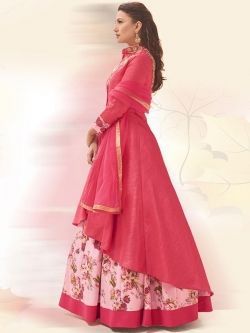 Pink Pure Khadi Silk Embroidered, Printed Border Long Choli Lehengas
