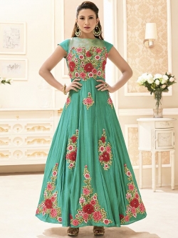 Green Two Tone Silk Floral Embroidered Anarkali Suits