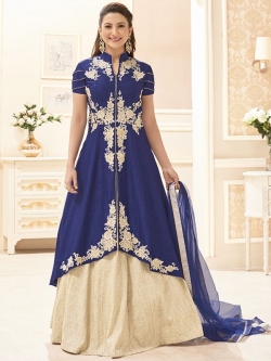 Blue Heavy Banglori Silk Floral Embroidered, Stone Work Long Choli Lehengas