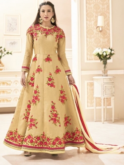 Beige Pure Khadi Silk Floral Embrodiered, Lace Border Anarkali Suits