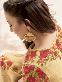 Beige Pure Khadi Silk Floral Embrodiered, Lace Border Anarkali Suits