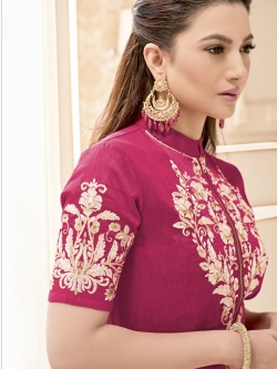 Pink Banarasi Silk Embroidered, Pleated Pattern Anarkali Suits