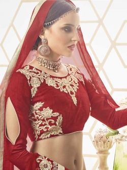 Maroon Slub Silk Embroidered, Stone Work A Line Lehengas