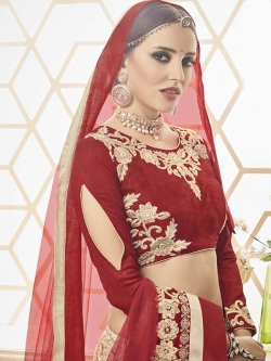 Maroon Slub Silk Embroidered, Stone Work A Line Lehengas