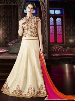 Cream Banglori Satin Floral Embroidered Long Choli Lehengas