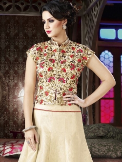 Cream Banglori Satin Floral Embroidered Long Choli Lehengas