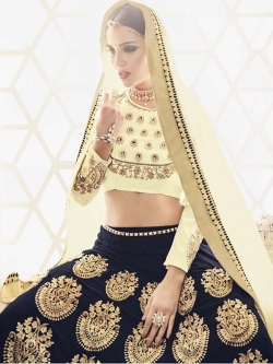 Cream Slub Silk Embroidered, Stone Work A Line Lehengas