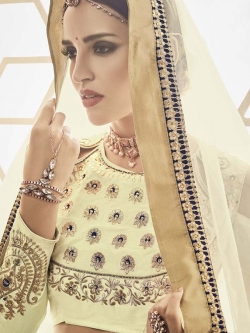Cream Slub Silk Embroidered, Stone Work A Line Lehengas