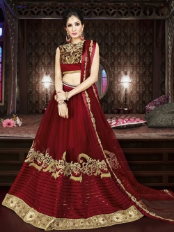 Maroon Banglori Silk Embroidered, Lace Border, Stone Work A Line Lehengas
