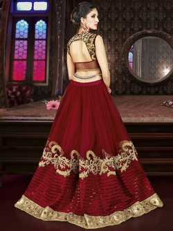 Maroon Banglori Silk Embroidered, Lace Border, Stone Work A Line Lehengas