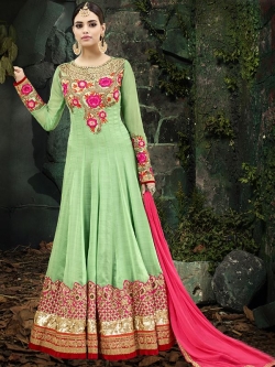 Green Georgette, Chiffon Embroidered, Lace Border Anarkali Suits