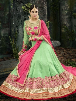 Green Georgette, Chiffon Embroidered, Lace Border Anarkali Suits