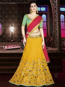 Green Satin Embroidered A Line Lehengas